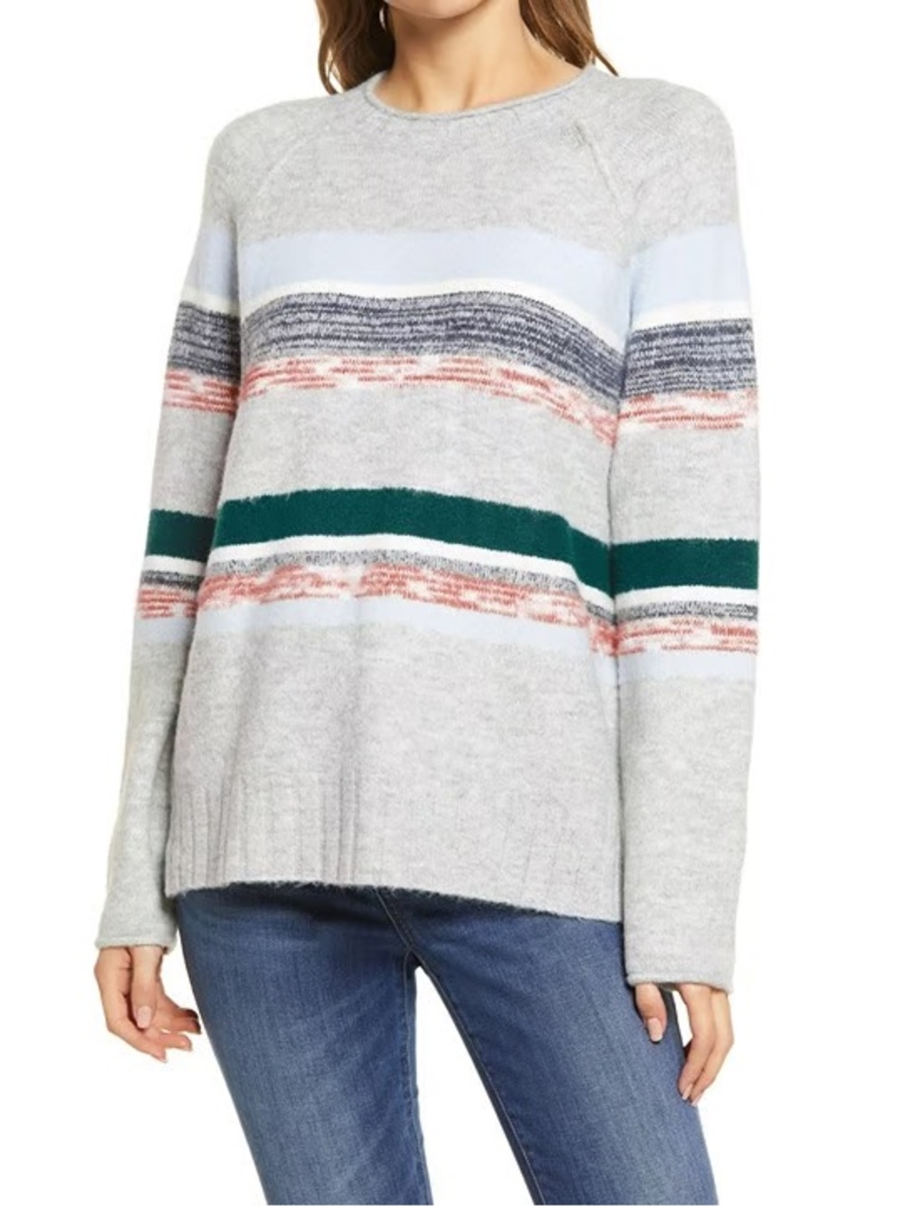 Caslon Cozy Mix Stripe Crewneck Sweater | L